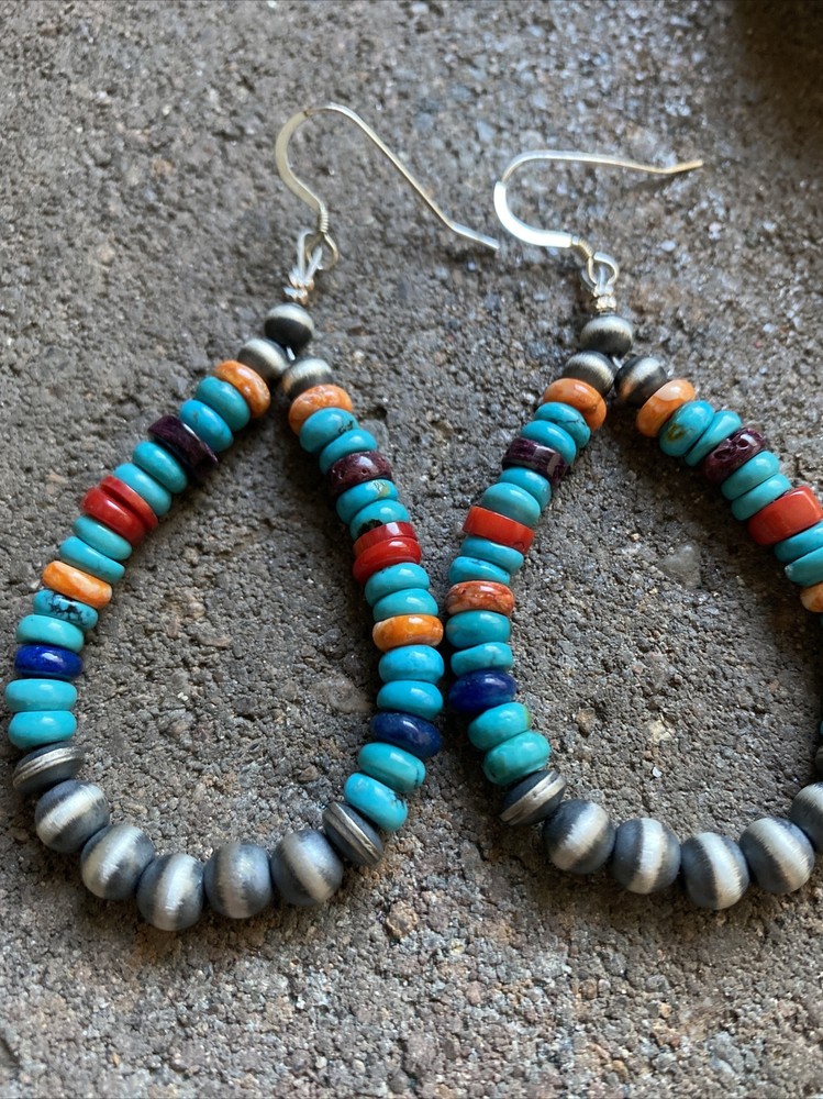 Sterling Silver Multi Stone W Pearls Bead Loop Earrings.