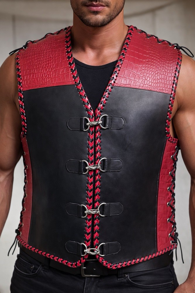 Red Crocodile and black Plain pattern cowhide leather motorcycle vest