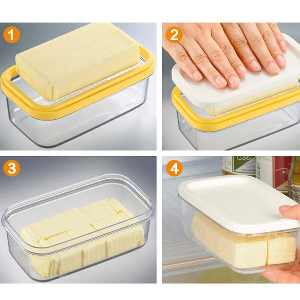Butter Dish with Lid, Plastic Rectangle Butter Keeper w/Cutter - Easy Slice