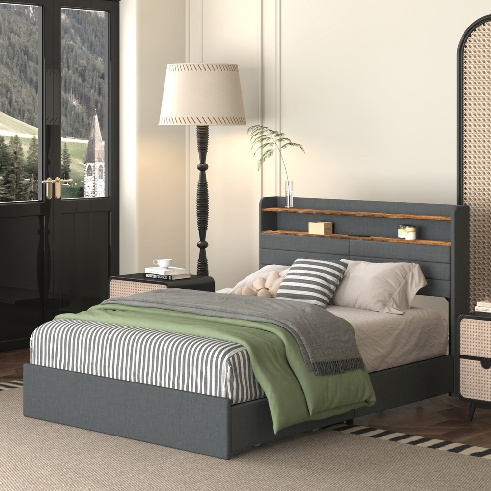 Full/Queen Size LED Bed Frame Upholstered Platform Bed w/ 4 Drawer & Headboard