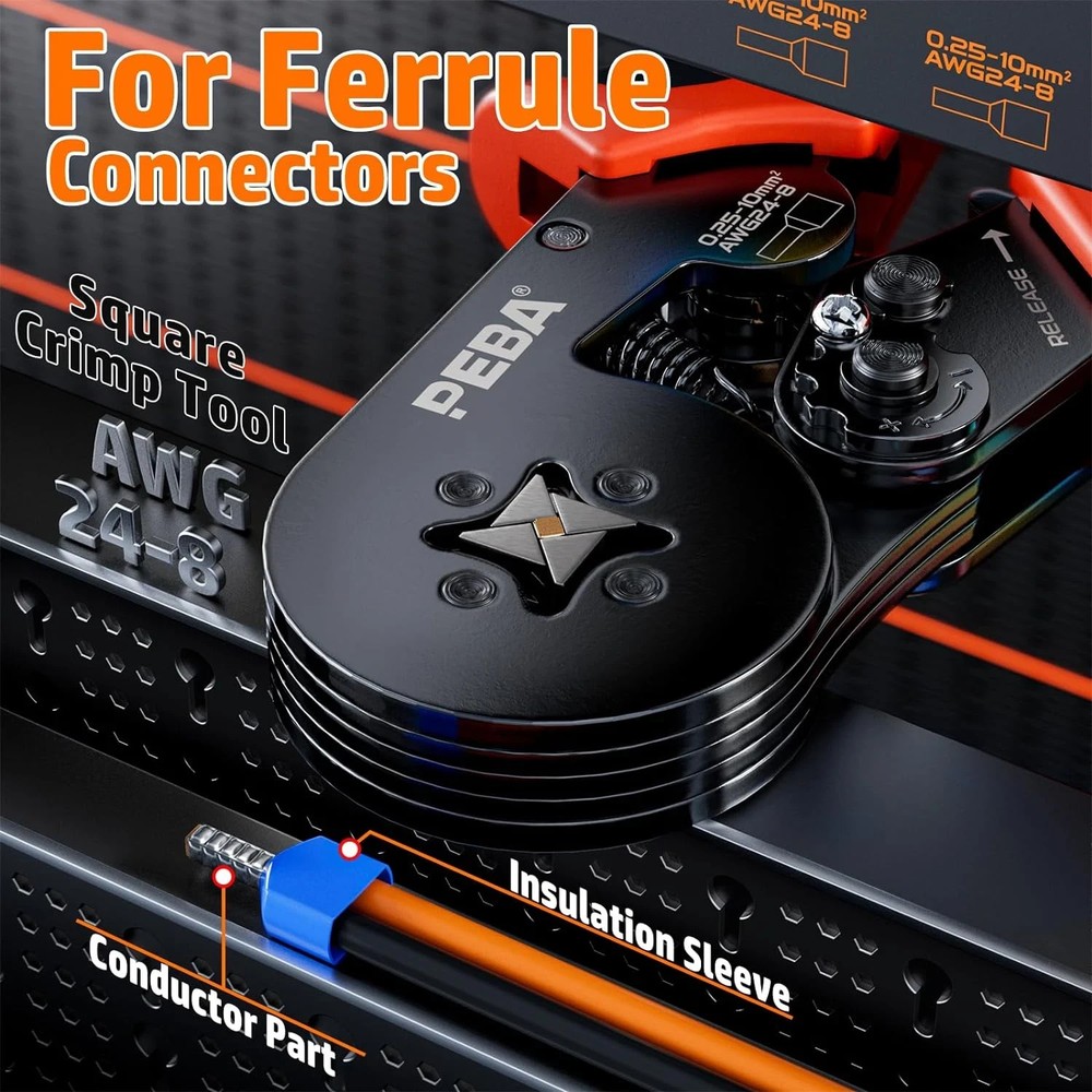 PEBA Ferrule Crimping Tool Kit, Self-Adjusting Square Crimp Pliers for Wire