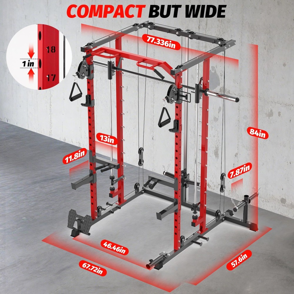 Smith Machine Power Cage Rack with Pulley System Multifunctional Workout Machine