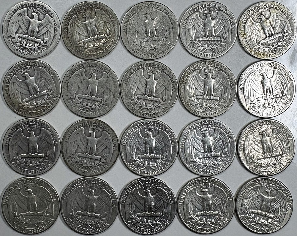 20 SILVER WASHINGTON QUARTERS-Various Mints/years all different-- Half a Roll