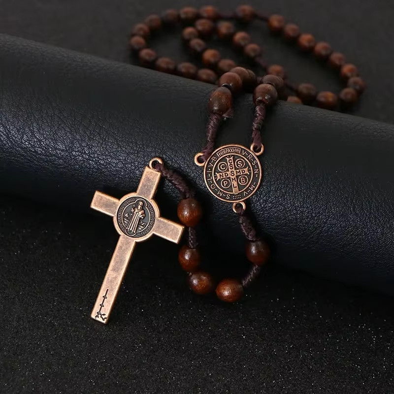 Christ Jesus Wooden Beads 8Mm Rosary Bead Cross Car Pendant Woven Rope Chain Nec
