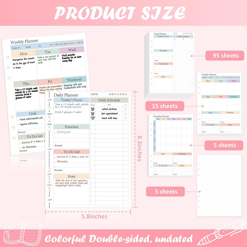 ADHD A5 Planner Refill Pages Inserts Daily Weekly A5-6 Hole, white