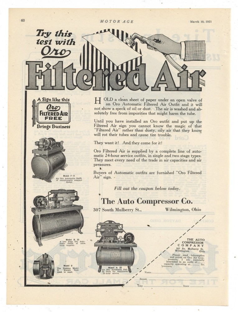 1921 Auto Compressor Co. Ad: 3 Air Compressor Models Pictured - Wilmington OhiO