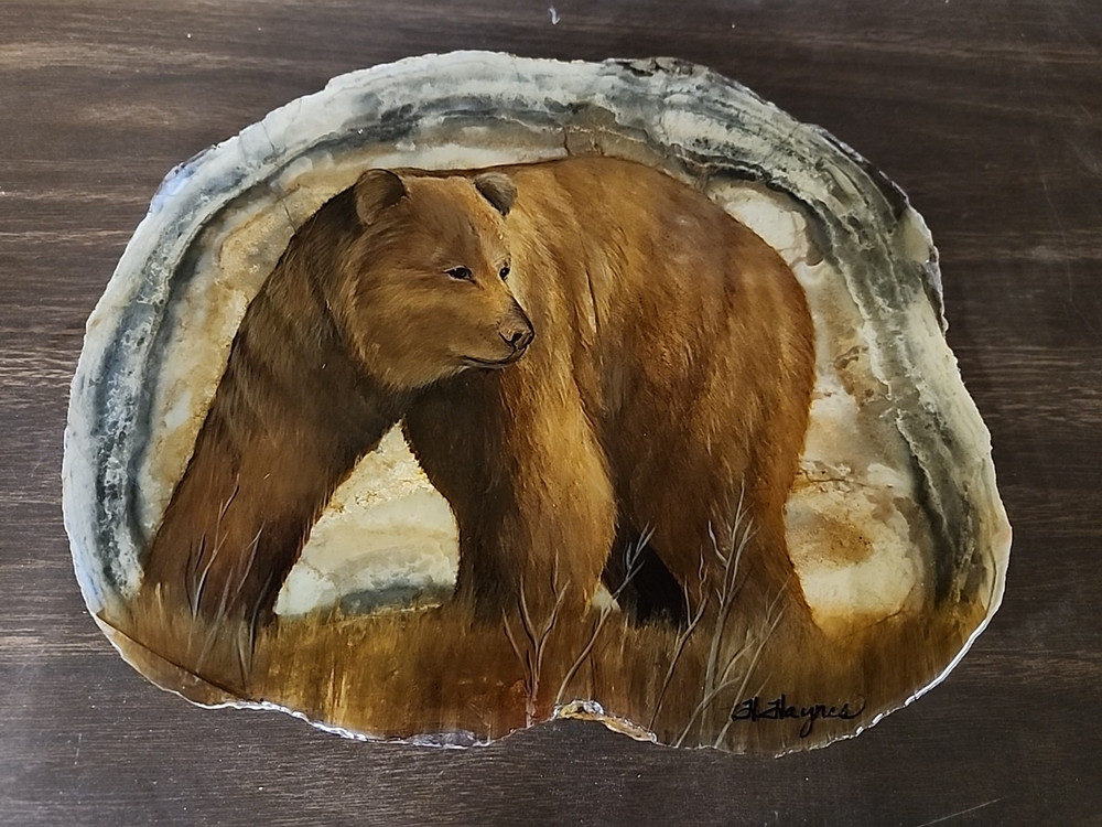 Hand Painted Bear On Heavy Agate Slab, Signed By Artist