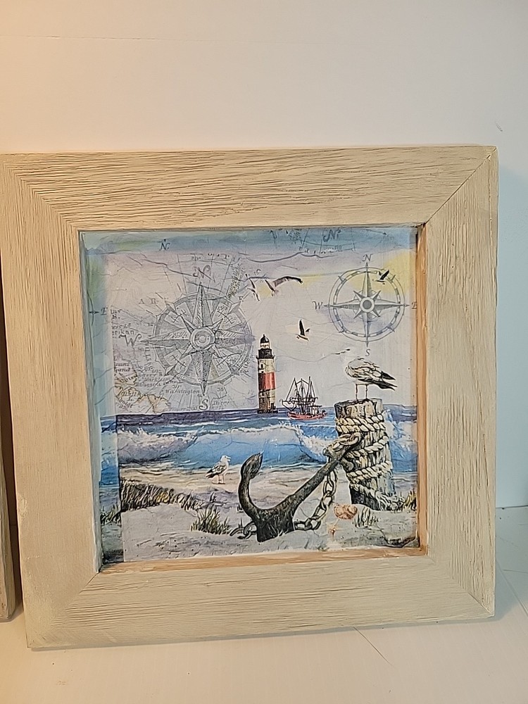 Beach Themed Picture Decor 2 10" Frames Lighthouse Sailing Seagulls