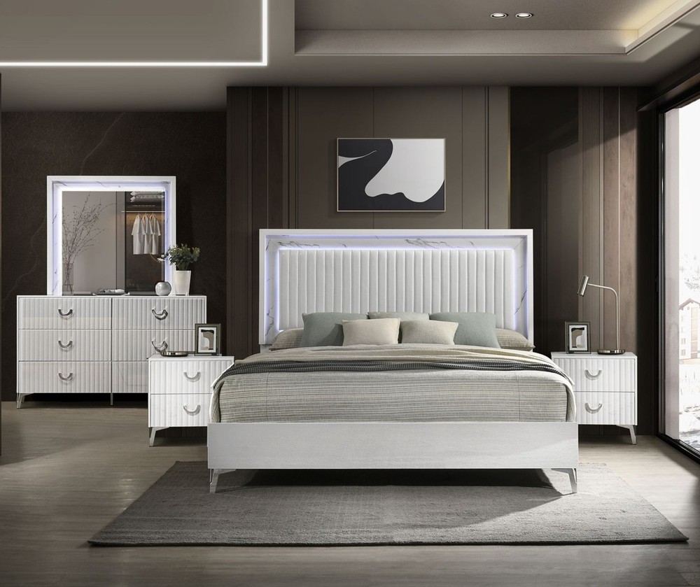 5pc Modern LED Light Upholstered Headboard King Bed Bedroom Set White