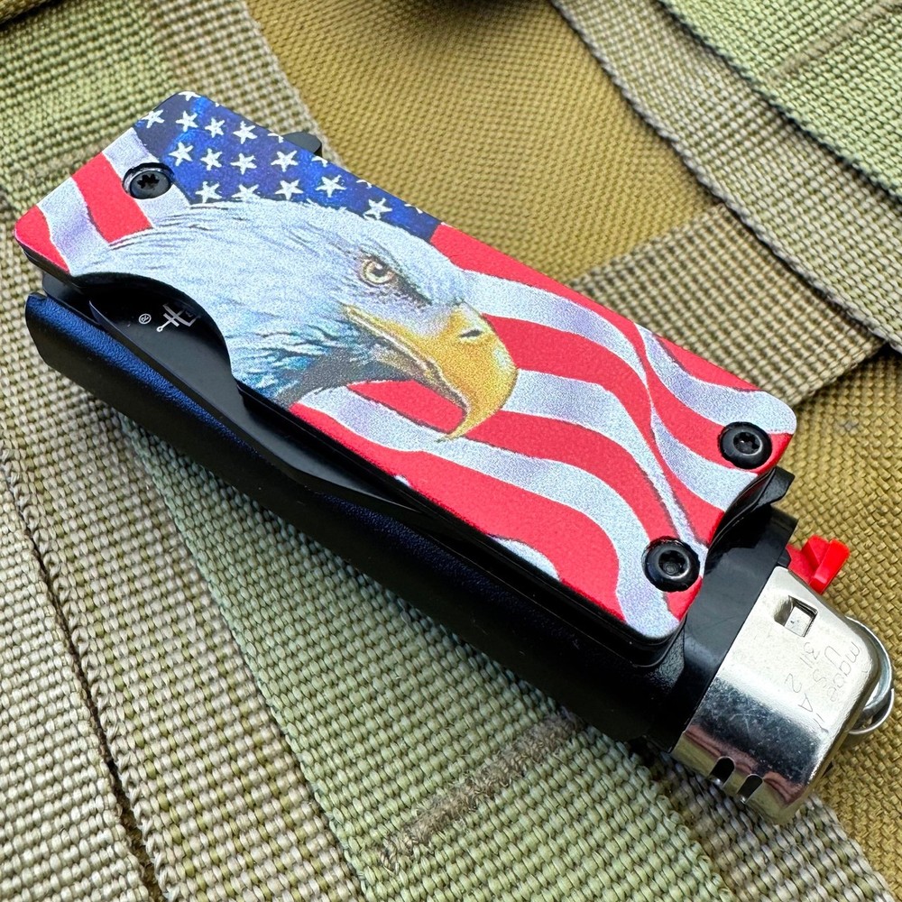 Lighter Holder Folding Pocket Knife Spring Assisted Open BIC Lighter Bald Eagle