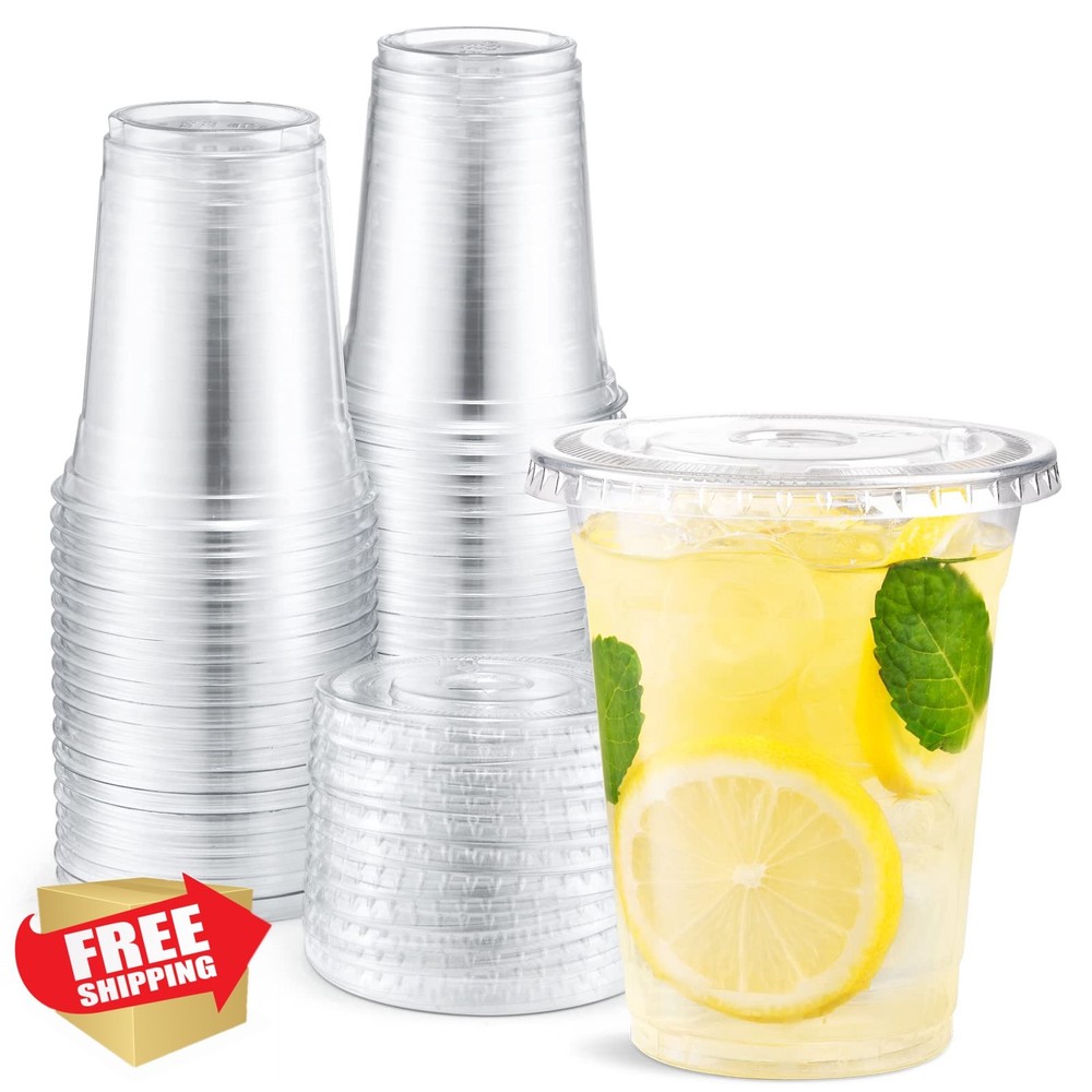 Eupako 12oz Plastic Cups with Flat Lids 100 Sets