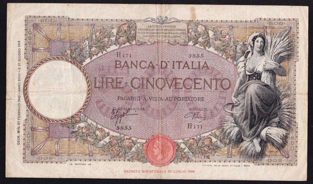 ITALY   500  LIRE  1940  FINE