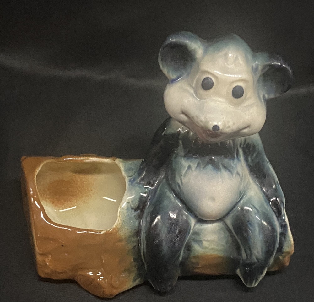 Vintage American Bisque Bear on Log Planter Wedge Bottom