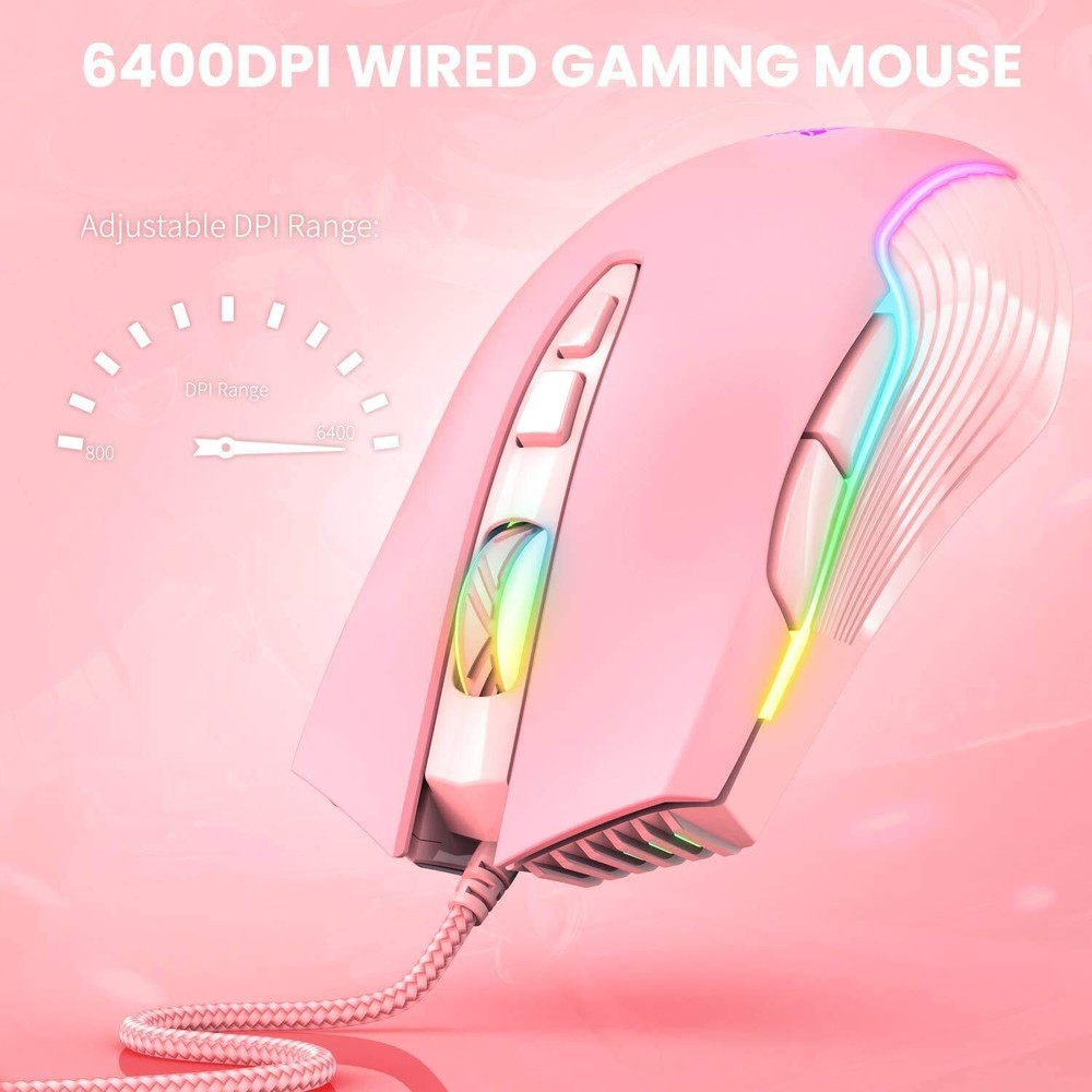RGB Gaming Mouse Wired 6400 DPI 7 Programmable Buttons Pink Ergonomic