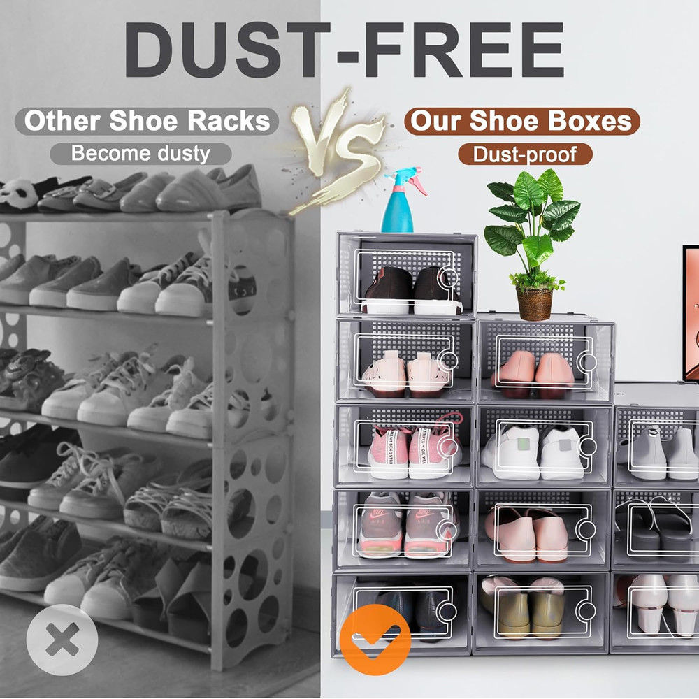 12 Pack Shoe Storage Boxes Clear Stackable Organizer Drop Front Closet Bin