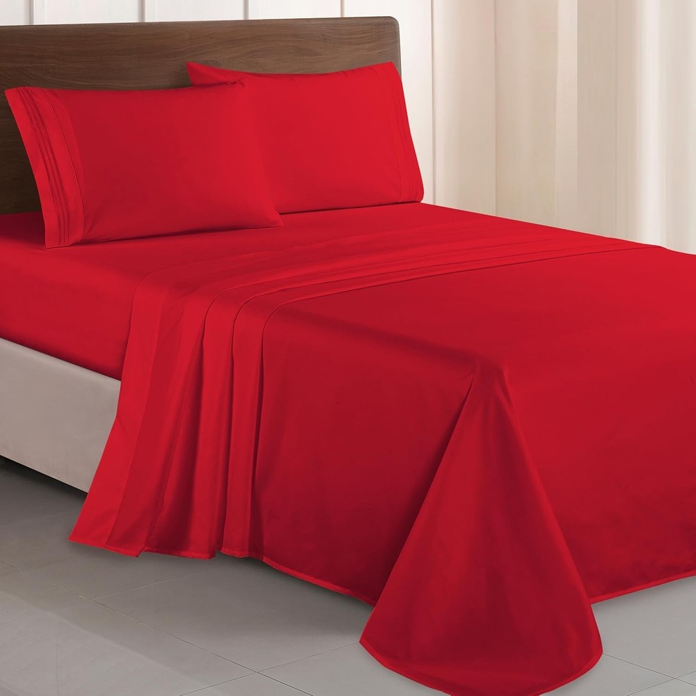 Four-Piece Red Microfiber Sheet Set - Embroidered, Wrinkle Resistant