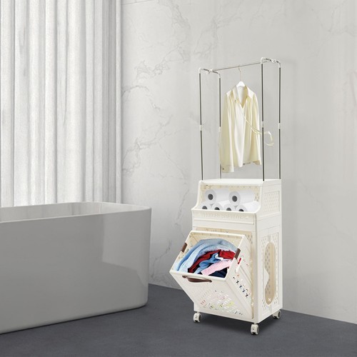 White Rolling Folding Laundry Organizer 3Tiers Laundry Basket with Wheels &Shelf