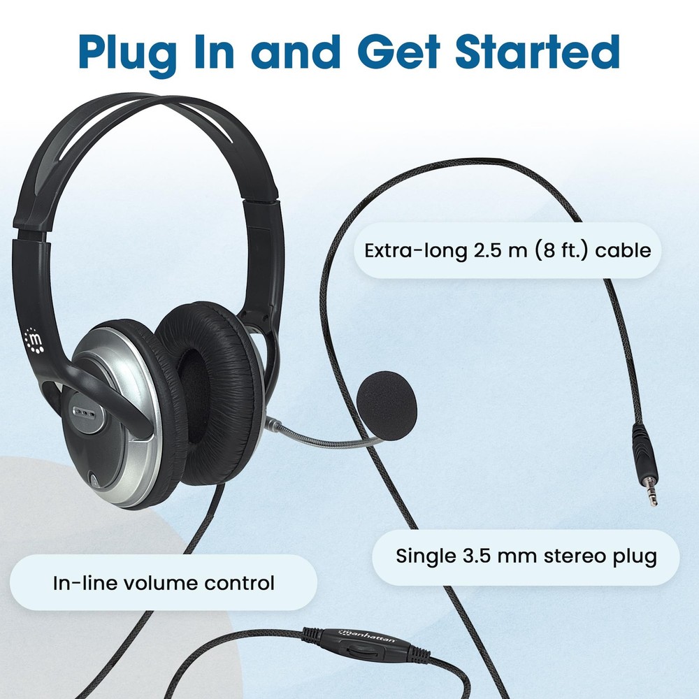 Wired Headset with Microphone, 8 ft Braided Cable, Volume Control, 3.5mm Jack
