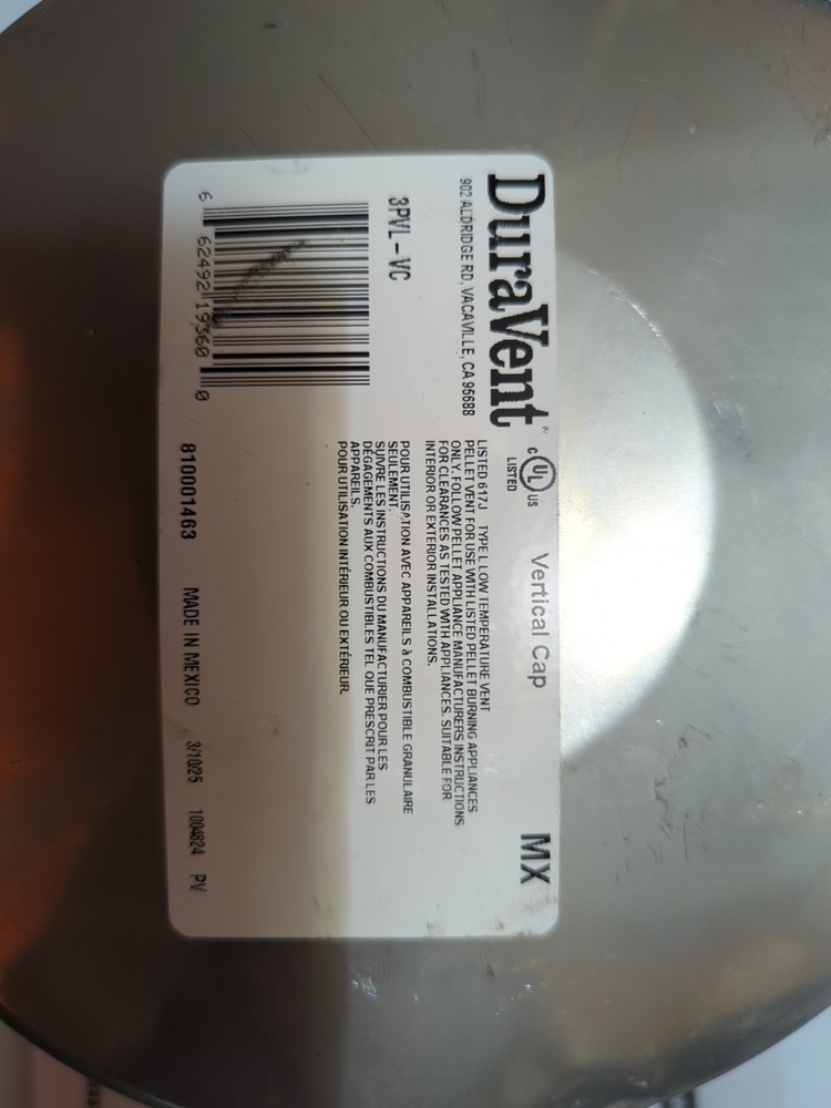 Pelletvent for Multi-Fuel 3In. Diameter Vertical Cap