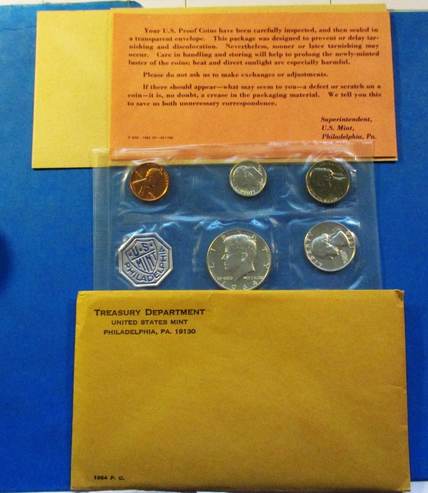 1964 PROOF SET WITH ENVELOPE AND COA.