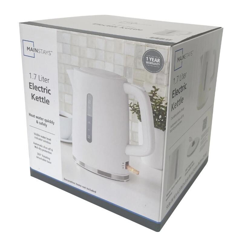 Mainstays 1.7L Electric Kettle, Color White, New Condition, Model MS8400778514-3