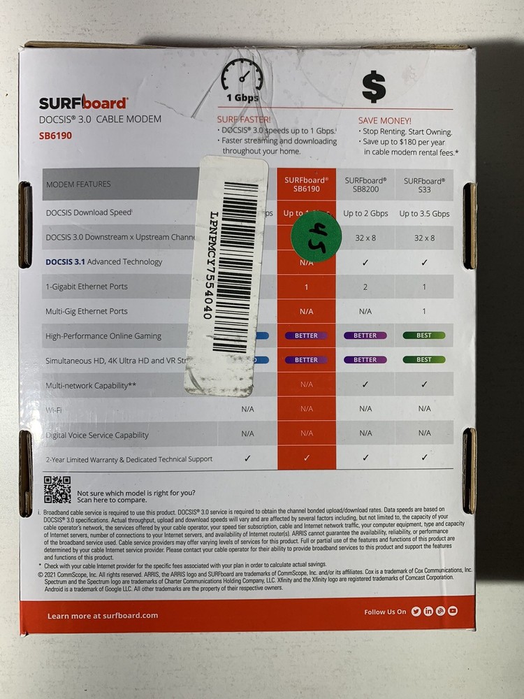 ARRIS SURFboard DOCSIS 3.0 Cable Modem - SB6190