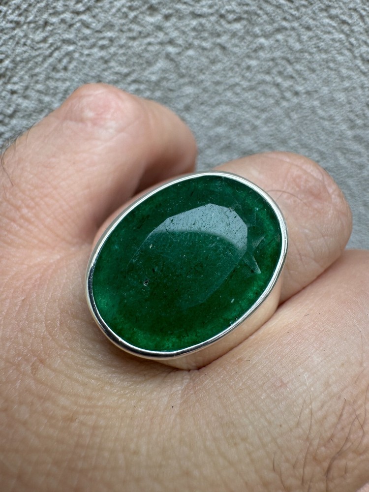 Large 18ct Genuine Emerald Gemstone Mens Real Solid 925 Silver Oval Signet Ring