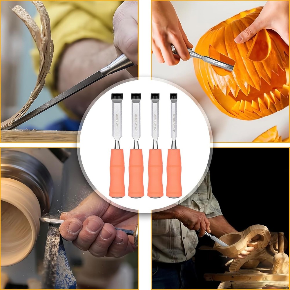 4-Piece Chisel Set with Ergonomic Handle & Blade Guards for Woodworking