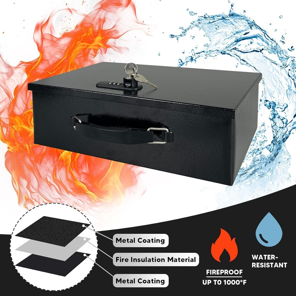 Fireproof Lock Box with Key&Combination Lock-Fire Safe Document Box,Portable