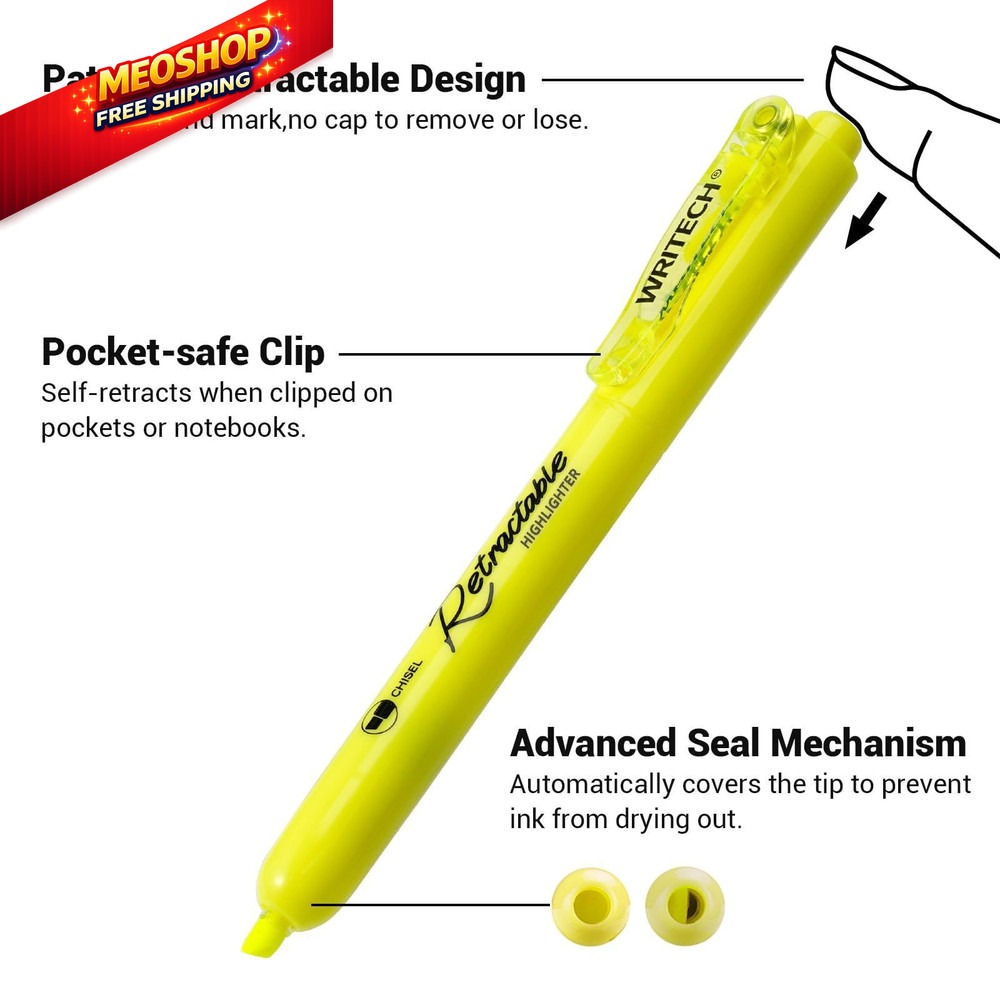 WRITECH Retractable Highlighters Chisel Tip: 1 Count (Pack of 12), Yellow