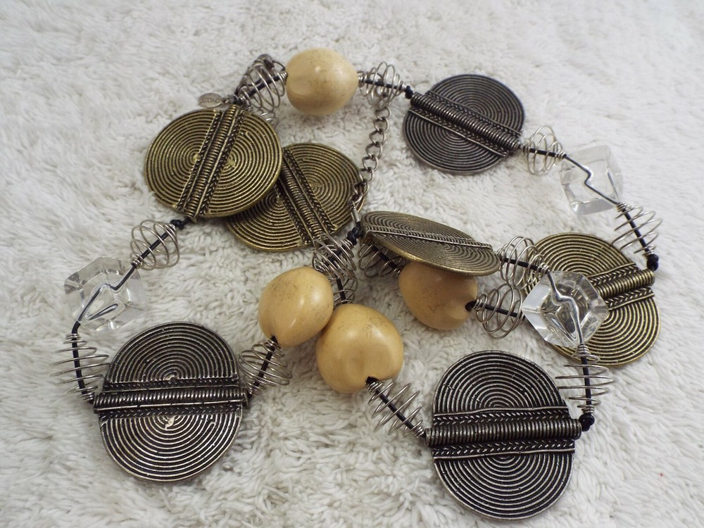 CHICO'S KuKui Nut Bead Metal Disk Acrylic Cube Necklace (A40)