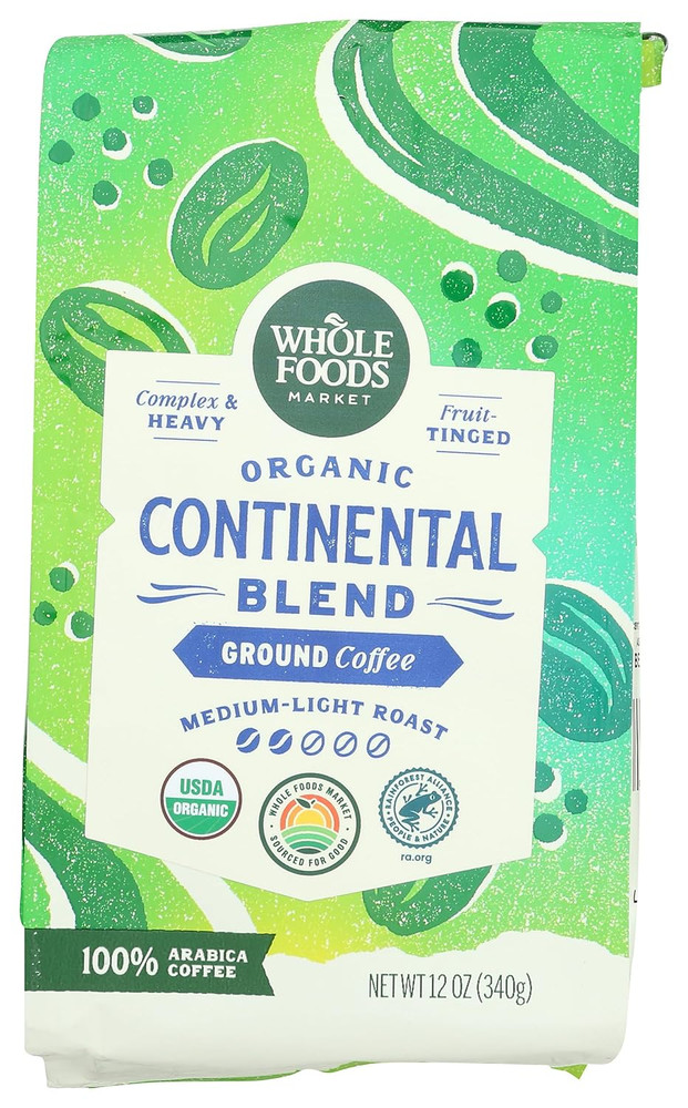 , Organic Continental Blend Ground Coffee, Medium-Light Roast, Complex & Heavy,