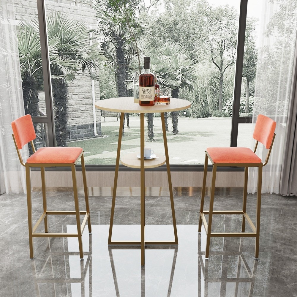 3 Piece Bar Table Set Counter Height Kitchen Round Dining Table w/ 2 Bar Chairs