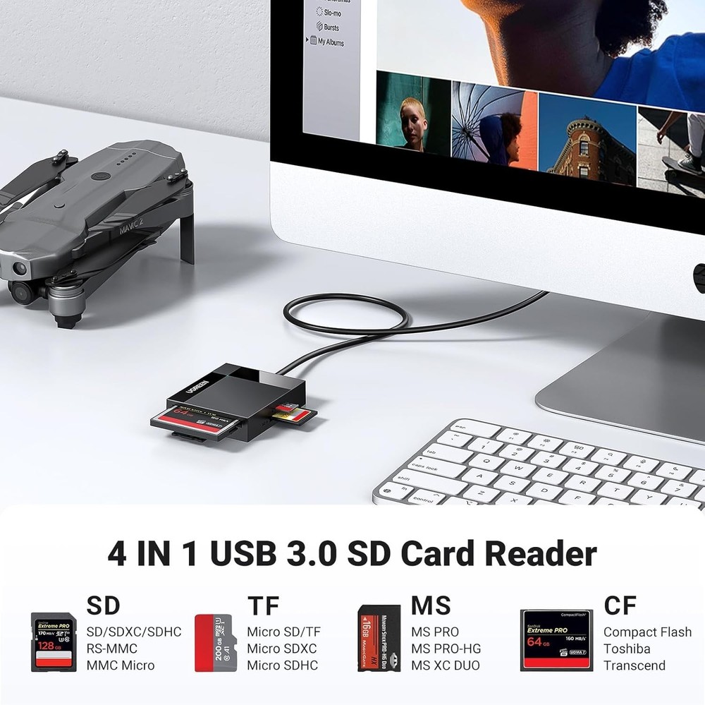 SD Card Reader USB 3.0 Card Hub Adapter 5Gbps Read 4 Cards Simultaneously CF,...