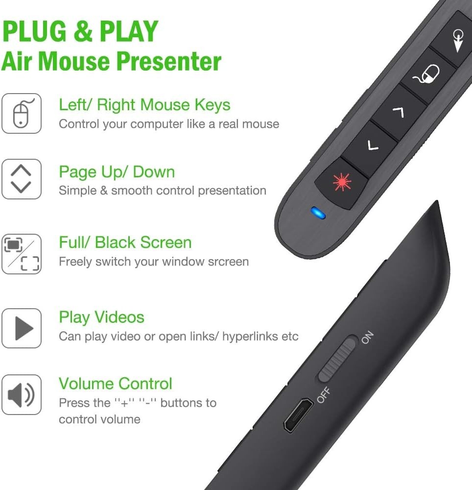 Green Air Mouse Presentation Clicker Rechargeable Presenter Remote for Classroom