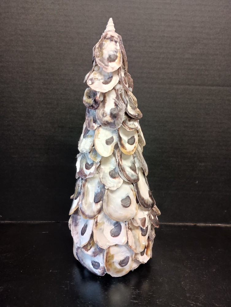 Handmade Tabletop 14" White Oyster Shell Christmas Tree Cone Shaped Coastal
