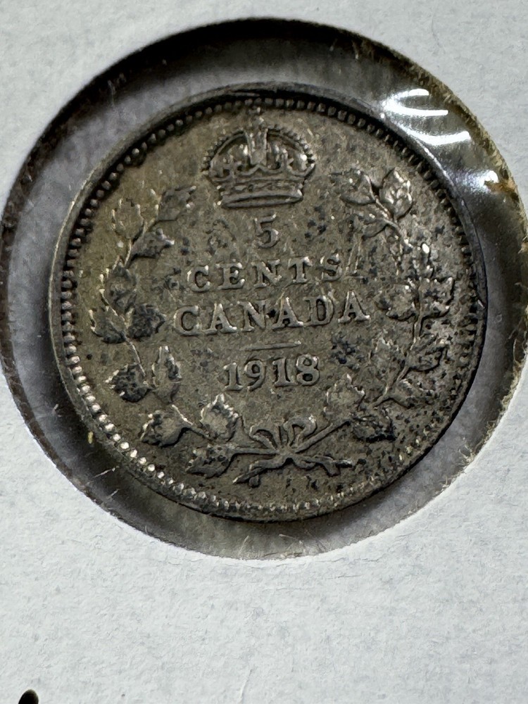 1918 Canada 5 Cents Silver Coin Cleaned