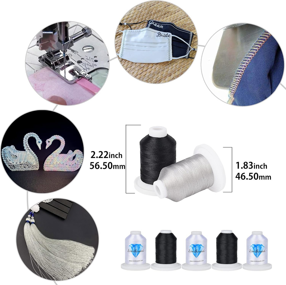 40 Spools, 20 White + 20 Black, Polyester Embroidery Machine Thread 500M (550Y)