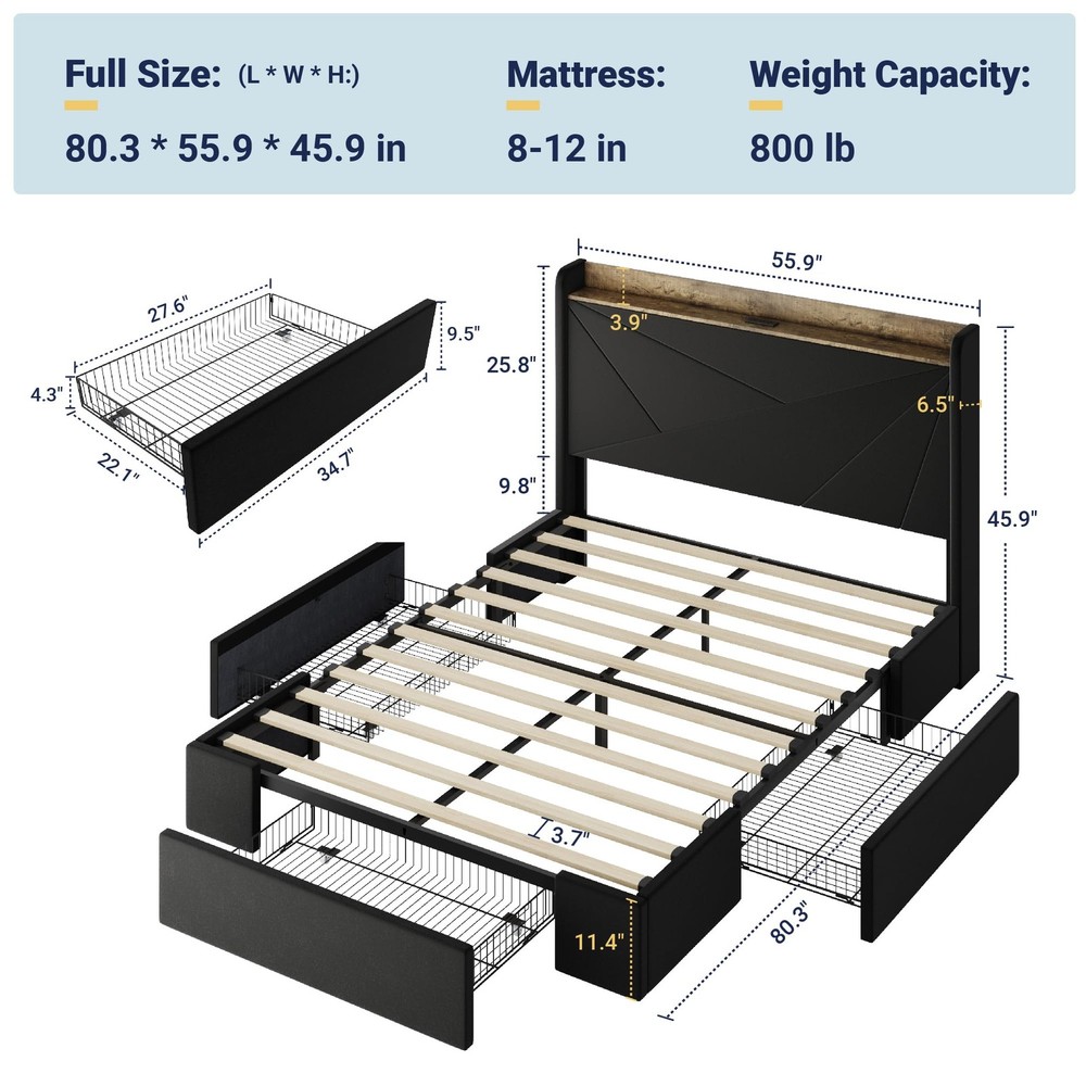 Full Size Velvet Bed Frame with 3 Storage Drawers, Upholstered Platform Bed w...