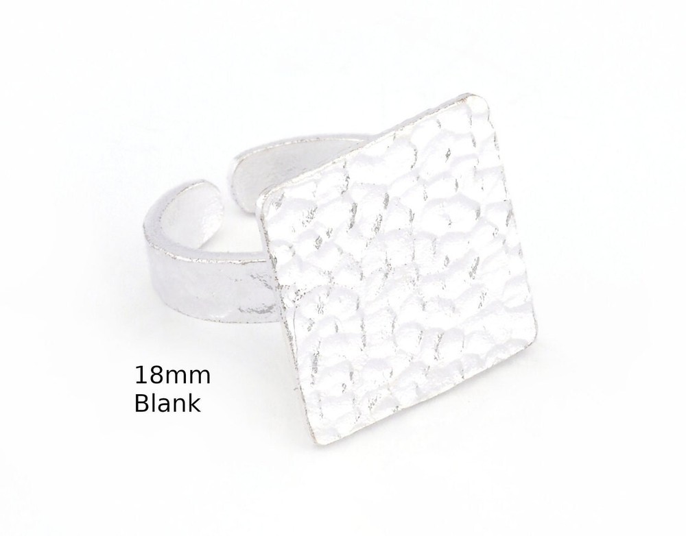 Square Hammered Adjustable Ring Blank - Shiny Silver Plated Brass 4950