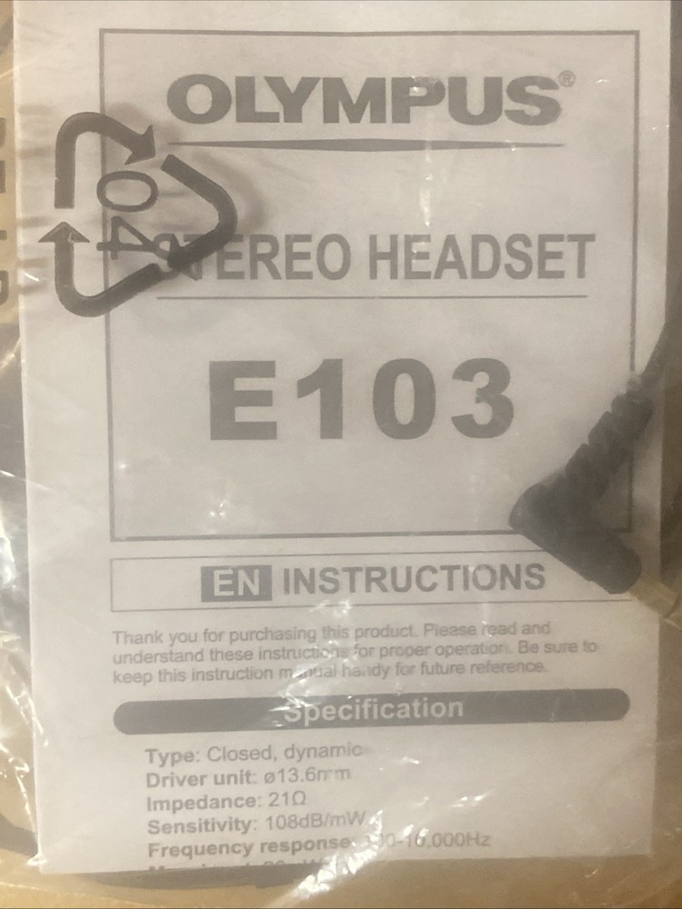 OM SYSTEM OLYMPUS E-103 Stereo Transcription Headset, Black NEW