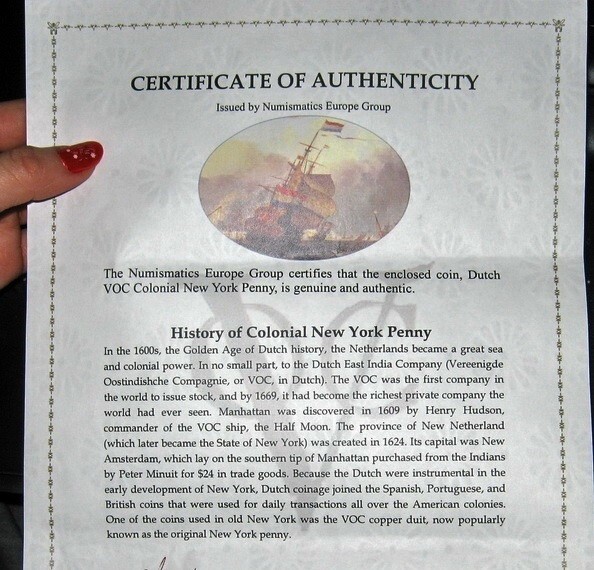 Certificate Authenticity 1684 New York Penny Colonial Copper Cent Groningen Mint
