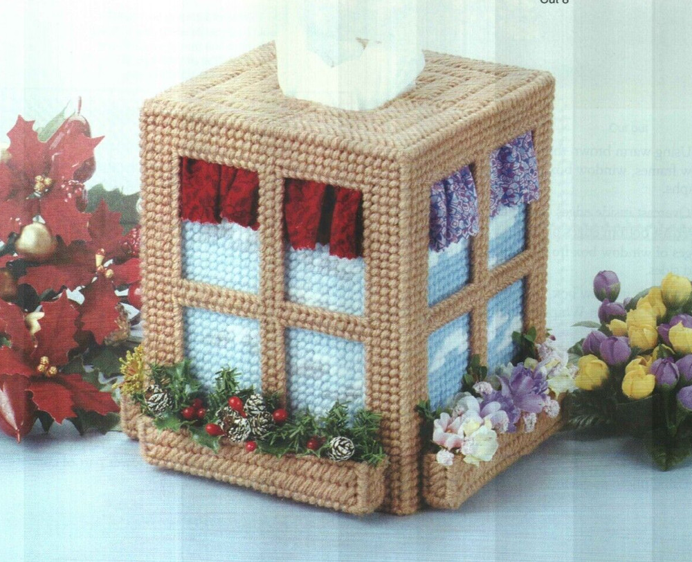 FOUR SEASONS WINDOW BOXES TISSUE BOX COVER PLASTIC CANVAS PATTERN INSTRUCTIONS