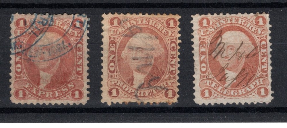 US Revenue Stamps -First Issue - 3 perforated 1 cent varieties (E653)