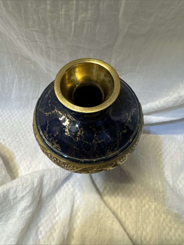 Solid Brass Vase With Blue Marbled Enamel Vintage Cranes Asian Decor