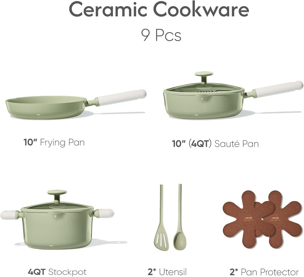 Nonstick Ceramic Cookware Set 9 Piece Green Induction Kitchen Set