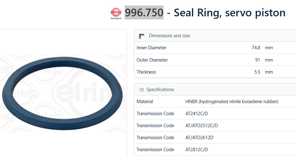 Volvo I-Shift Transmission Piston Seal 3192614 ELRING