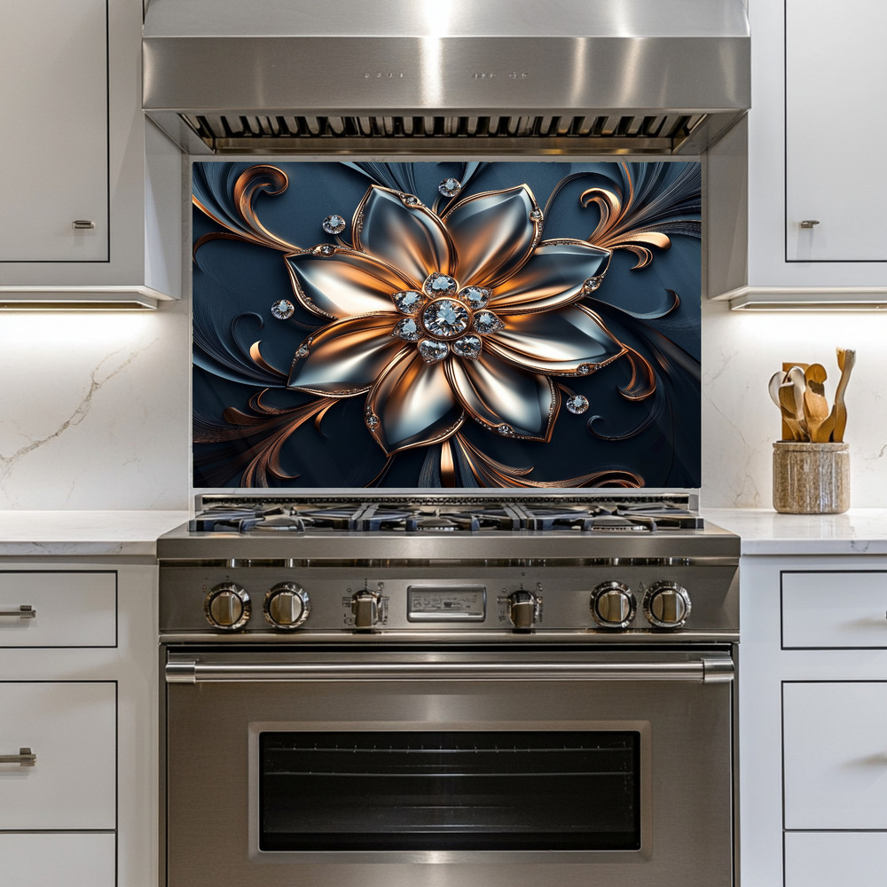 Silver & Copper Floral Backsplash Panel, Luxury Diamond Flower Kitchen Wall Art
