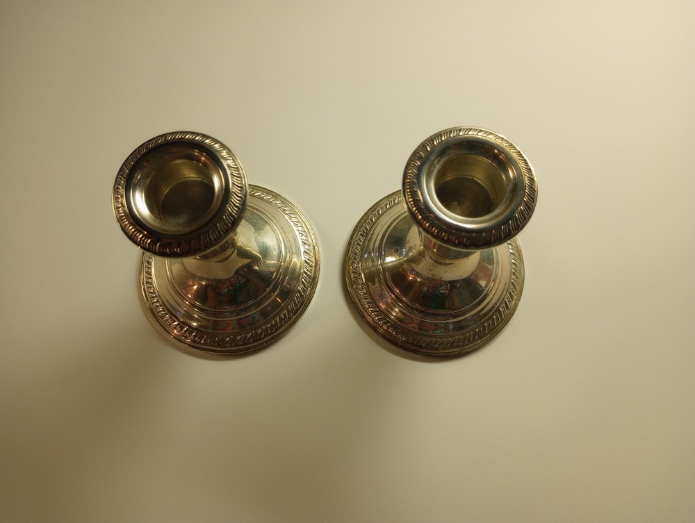 (TWO) Antique Crown Sterling Silver Weighted Candlesticks