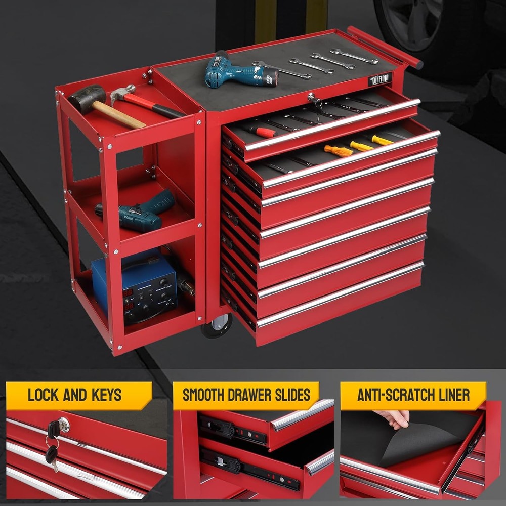7-Drawer Rolling Tool Chest Tool Box with Lock & Key & Side Shelves for Workshop